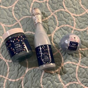 Groovi Beauty Very Vanilla Light Blue Body Scrub, Bubble Bath, and Bath Bomb